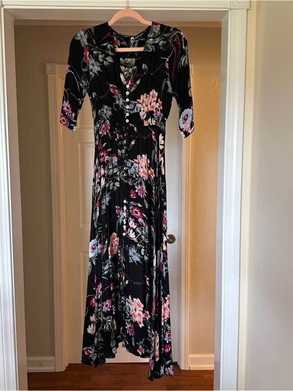 Black Floral Maxi Dress with Button Front